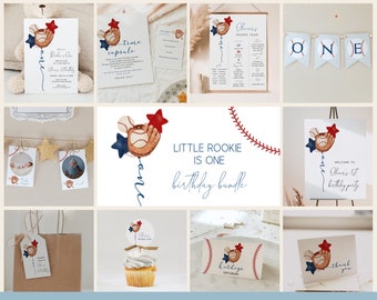 Our Little Rookie Is One Birthday Bundle - Customizable Baseball 1st Birthday Set with Invitations, Milestones, and Decorations#YA5