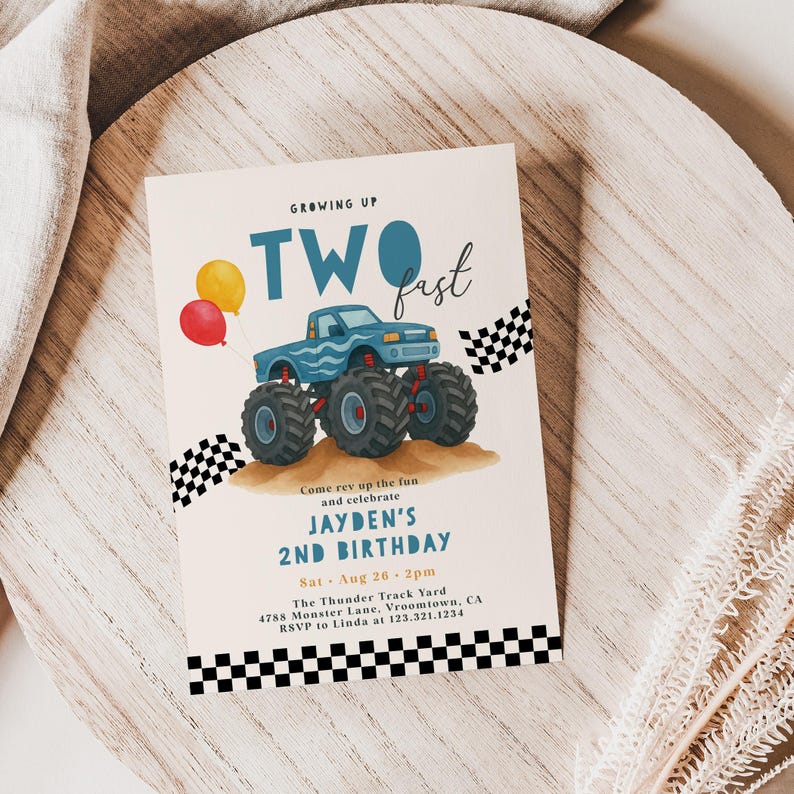 Blue monster truck 2nd birthday invitation with “Two Fast” wording, checkered flags, balloons, and editable text. Perfect for a crash bash or monster truck party theme for boys.