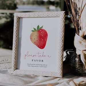 Panneau modifiable de table de fête petite fraise, panneau de livres et de cadeaux, ajoutez votre propre texte, panneau de baby shower doux baies, entièrement modifiable # S7