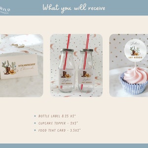 1st Rodeo Birthday Bundle featuring cowboy and western-themed elements, editable and printable, includes invitation and first birthday decor templates.