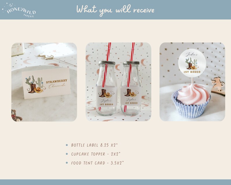 1st Rodeo Birthday Bundle featuring cowboy and western-themed elements, editable and printable, includes invitation and first birthday decor templates.