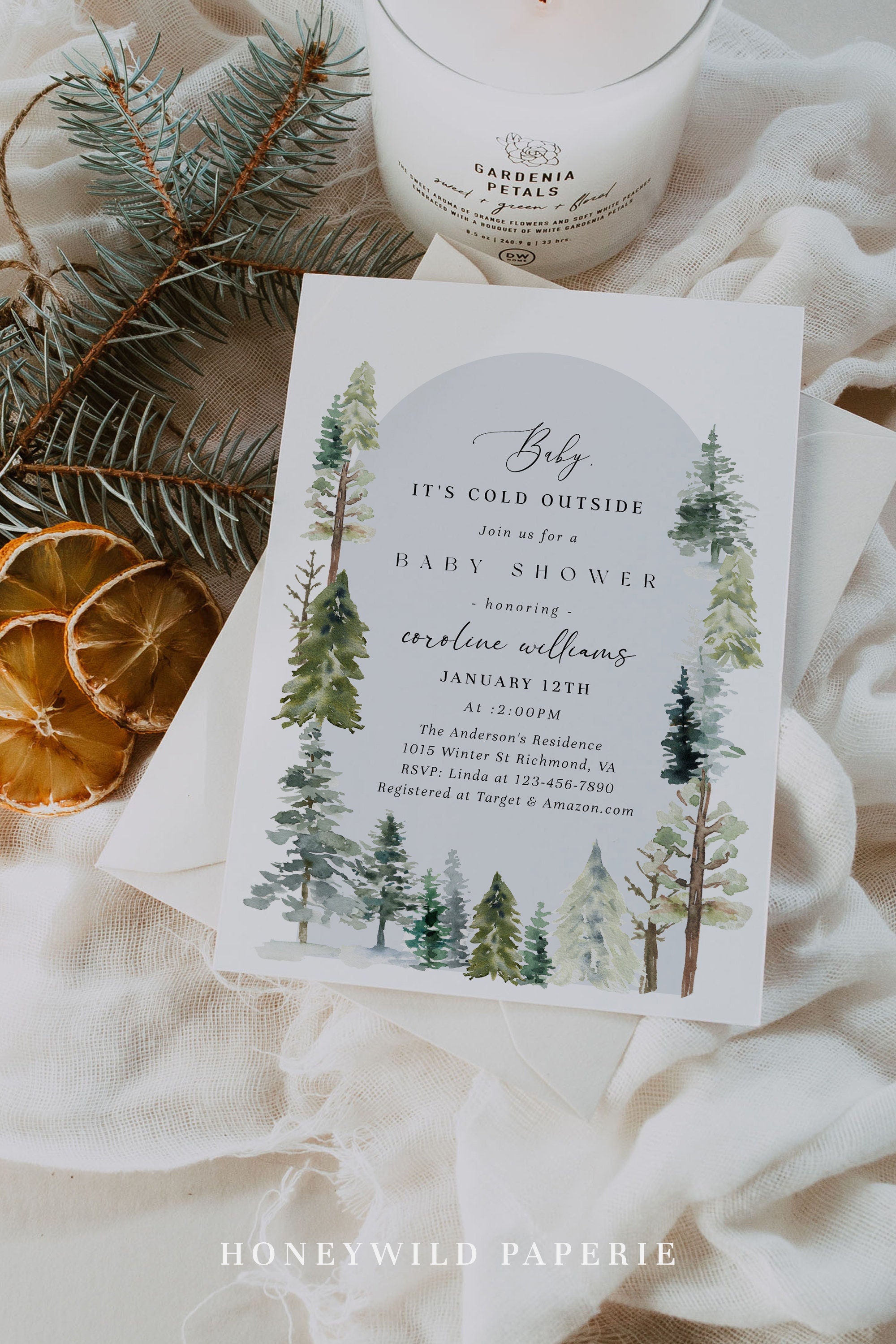 Baby its Cold Outside Baby Shower Invitation Winter baby shower invitation Pine Trees Baby Shower Invitation Fully