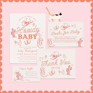 Kit Chá de Bebê Howdy | Conjunto de Convites Editáveis para Bebê Cowgirl Rosa | Convite para Bebê Cowgirl Rosa, Pedido de Livro, Sorteio de Fraldas e Cartão de Agradecimento #YF1