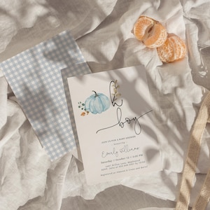 Blue Gingham Baby Shower Invitation Set with watercolor blue pumpkins, classic blue gingham pattern, and minimalist fall styling. Includes invitation, Books for Baby card, Diaper Raffle ticket, and Thank You Card. Perfect for boy fall baby showers, little pumpkin themes, harvest celebrations, and baby boy events.