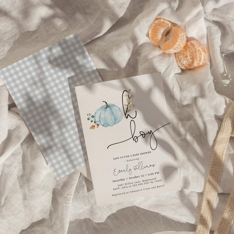 Blue Gingham Baby Shower Invitation Set with watercolor blue pumpkins, classic blue gingham pattern, and minimalist fall styling. Includes invitation, Books for Baby card, Diaper Raffle ticket, and Thank You Card. Perfect for boy fall baby showers, little pumpkin themes, harvest celebrations, and baby boy events.