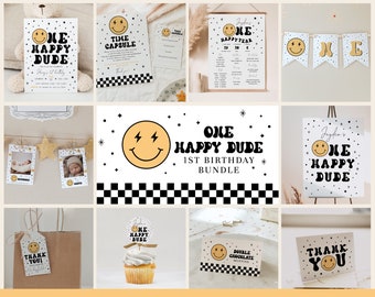 One Happy Dude 1st Birthday Bundle | Customizable Invitations, Milestones & Decor | Modern Lightning Bolt Smiley Face 1st Birthday Set#YC3