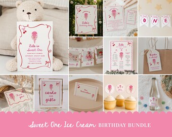 Puede incluir: Una colección de decoraciones de fiesta de cumpleaños con temática de helado rosa y blanco. Incluye invitaciones, pancartas, adornos para cupcakes y etiquetas de agradecimiento. El texto incluye "Lila is Sweet One" y "Birthday Party".