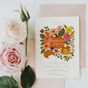 Thanksgiving Brunch Invitation - Fall Pumpkin Floral Editable Invite - Family & Friendsgiving Celebration - Cozy Holiday Brunch#FA0