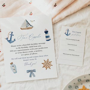 1er anniversaire nautique | Anniversaire de la marine | Capsule temporelle Ahoy Sailor et cartes à messages imprimables assorties | Entièrement modifiable #YR8