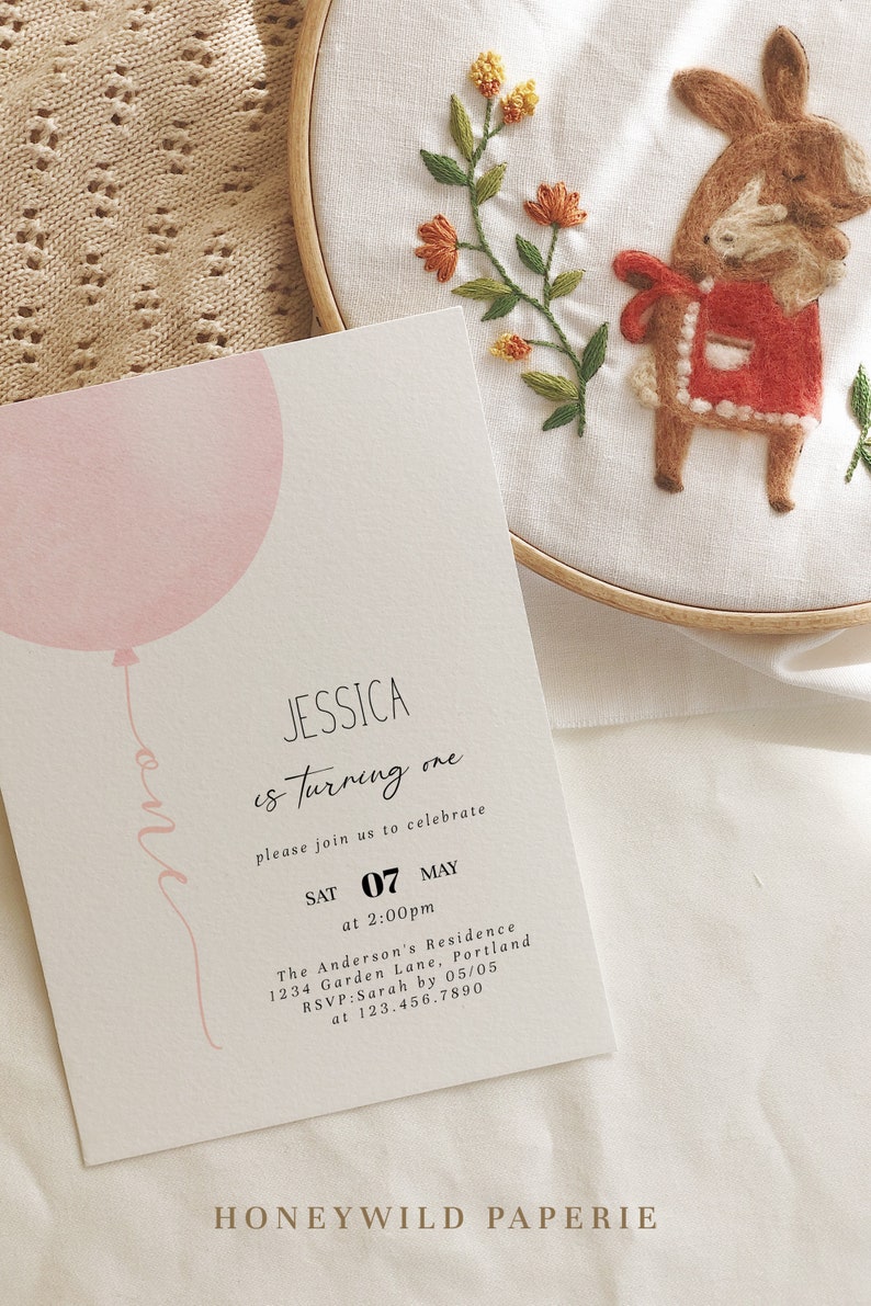 Pastel Pink Balloon Baby Girl 1st Birthday Invitation, Minimalist Girl 1st Birthday Invitation, Baby Pink 1st Birthday, Fully EditableR15 image 2