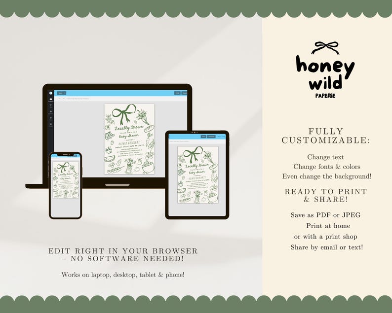 Complete Locally Grown baby shower bundle with matching invitations, games, books for baby cards, favor tags, welcome signs, and decor. Features green gingham patterns and hand drawn farmers market illustrations for garden, organic, and cottagecore themed baby shower celebrations.