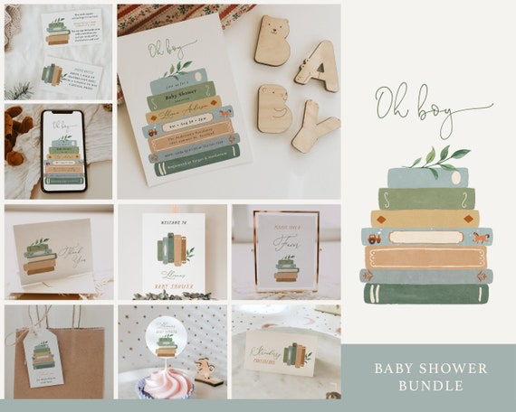 Storybook Boy Baby Shower Bundle, Book Lover Baby Shower Invite, Games and Decor Set, Fully Editable Templates For Book Themed Shower#Y237