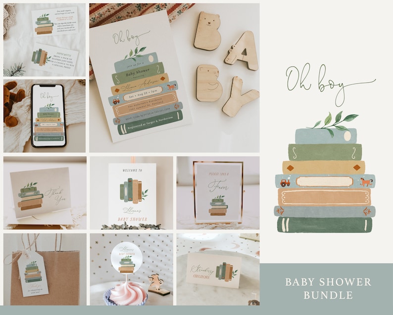 Storybook Boy Baby Shower Bundle, Book Lover Baby Shower Invite, Games and Decor Set, Fully Editable Templates For Book Themed Shower#Y237 image 1