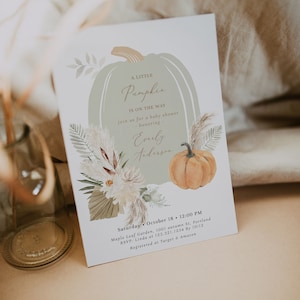 Fall Pumpkin Baby Shower Invitation, Pumpkin Sprinkle Invite, Gender Neutral A Little Pumpkin is on the Way, Editable Printable Invite#F4