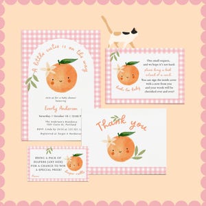 Bearbeitbares Mädchen Orange Babyparty Einladung Set - A Little Cutie Is On The Way - Rosa Clementine Baby Shower Set #FA2