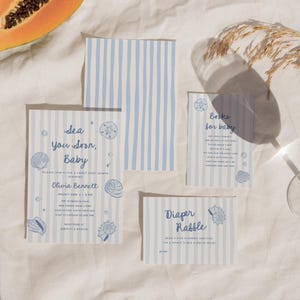 Sea You Soon-babyshoweruitnodigingsset, jongensstrand zeeschelpthema (bewerkbare sjabloon)