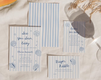 Sea You Soon Baby Shower Invitation Set, Boy Beach Seashell Theme (Editable Template)