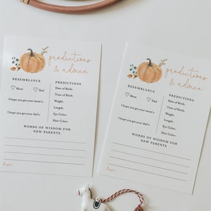 Kaarten met voorspelling en advies voor baby's Boho Little Greenery Pumpkin Baby Shower bewerkbaar spel, afdrukbaar herfst Little Pumpkin Babyshower-spel #FA8