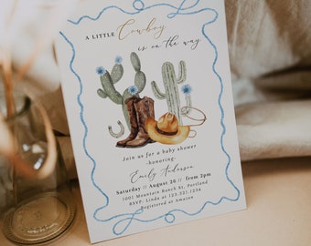 Invitación para baby shower de vaquero - Baby shower del salvaje oeste - Un pequeño vaquero está en camino - Invitación editable con temática del oeste n.° YA6