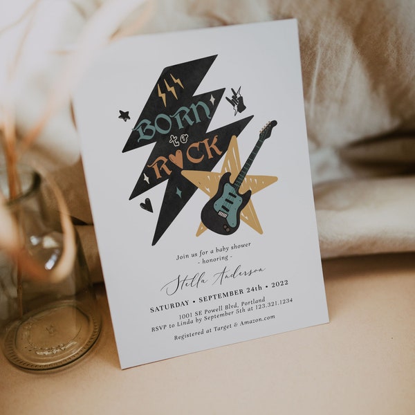 Born to Rock Baby Shower Invitation, A Little Rockstar Is On His Way,Rock n Roll, Rock a Bye Baby Shower Invite,Fully Editable#R41