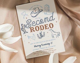 Boy 2nd Rodeo Birthday Invitation - Welcome Two the West - Editable Hand Drawn Wild West Party Invite - Little Cowboy 2nd Birthday#YE3