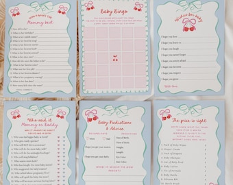 Editable Cherry Baby Shower Game Bundle - Summer Cherry on Top Girl Baby Shower Activities - Hand Drawn Coquette Ribbon Bow Cherries#VB5