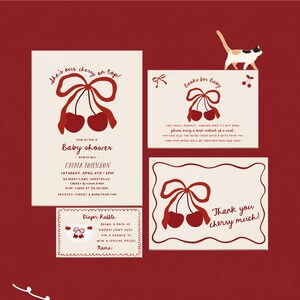 Coquette babyshowerbundel | Handgetekende coquettekersen | Bewerkbare kersenuitnodiging, boekverzoek, luierloterij en bedankkaart#VB4
