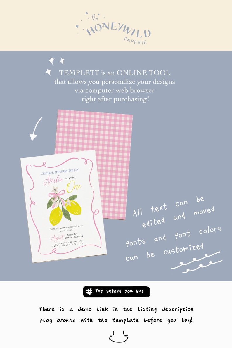 Sunshine Lemonade and Fun Birthday Invitation, Lemon Invitation, Girl Birthday Invite, Any Age • Fully Editable Template#SU0 image 3