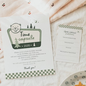 1er anniversaire d'un bébé campeur heureux, capsule temporelle et cartes à messages imprimables assorties • Modèle entièrement modifiable # SU1