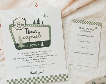 Ein Happy Camper Baby zum 1. Geburtstag Zeitkapselschild und passende druckbare Nachrichtenkarten • Vollständig bearbeitbare Vorlage #SU1