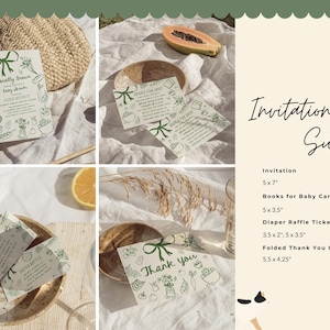 Complete Locally Grown baby shower bundle with matching invitations, games, books for baby cards, favor tags, welcome signs, and decor. Features green gingham patterns and hand drawn farmers market illustrations for garden, organic, and cottagecore themed baby shower celebrations.