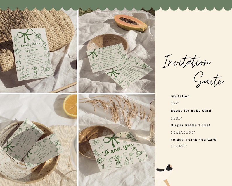 Complete Locally Grown baby shower bundle with matching invitations, games, books for baby cards, favor tags, welcome signs, and decor. Features green gingham patterns and hand drawn farmers market illustrations for garden, organic, and cottagecore themed baby shower celebrations.