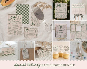 Special Delivery Baby Shower Bundle - Editable Vegetarian Italian Baby Shower Set - Hand Drawn Slice Slice Baby Invite, Decor & Games#YH3