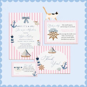 Bearbeitbares Nautisches Babypartyeinladungspaket - Ahoi, es ist ein Mädchen - Rosa Segelboot- und Küstenmeer-Themenvorlagen #YR8