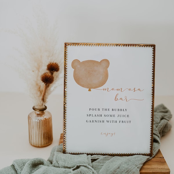 Bear Baby Shower Mom-osa Bar Sign, We Can Bearly Wait • INSTANT DOWNLOAD • Volledig bewerkbare sjabloon #Y231