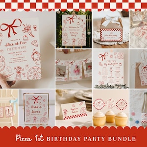 May include: A collection of red and white party supplies with a pizza theme. Includes invitations, signs, favor boxes, thank you cards, cupcake toppers, and a banner. The text includes "Slice of Fun", "Evelyn is One", and "Pizza 1st Birthday Party Bundle".