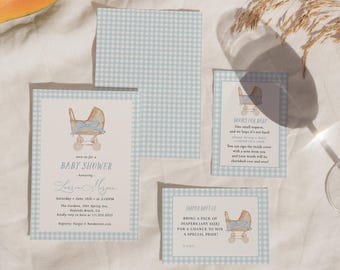 Blue Gingham Baby Shower Invitation Set, Baby Boy Shower Bundle, Editable Classic Baby Shower#YS6