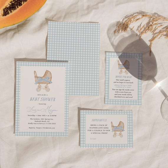 Blue Gingham Baby Shower Invitation Set, Baby Boy Shower Bundle, Editable Classic Baby Shower#YS6