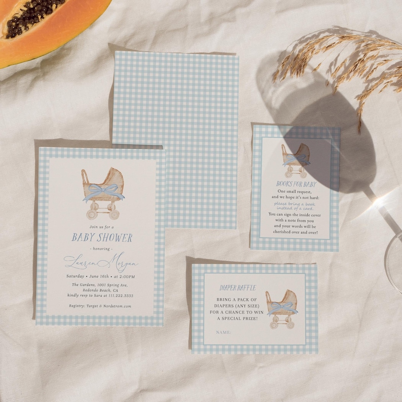 Blue gingham baby shower invitation set featuring a vintage baby carriage illustration, soft baby boy colors, and classic traditional styling. Editable baby shower bundle with coordinated invitation, books for baby card, diaper raffle ticket, and thank you card for an elegant and timeless celebration.