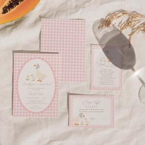 Pink gingham Silly Goose baby shower bundle featuring charming goose and gosling illustrations, soft baby girl colors, and vintage storybook styling. Coordinated girl goose baby shower decor collection with matching invitations, diaper raffle cards, books for baby cards, thank you cards, and printable party templates.