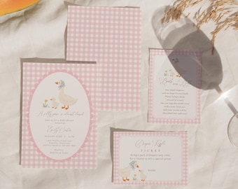 Dumme Gans-Babyparty-Einladungs-Set, rosa Gingham-Gans-Babyparty-Einladungs-Set, eine verrückte Gans ist fast lose druckbares Paket # YB7
