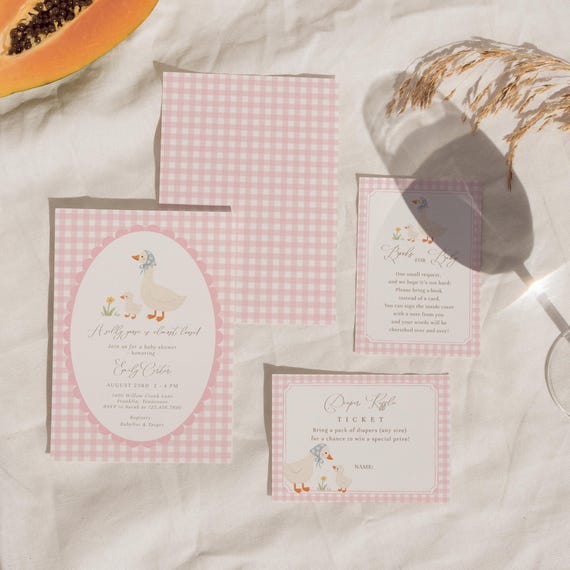 Girl Silly Goose Baby Shower Bundle, Pink Gingham Goose Baby Shower Invitation Set, A Silly Goose is Almost Loose Printable Package#YB7