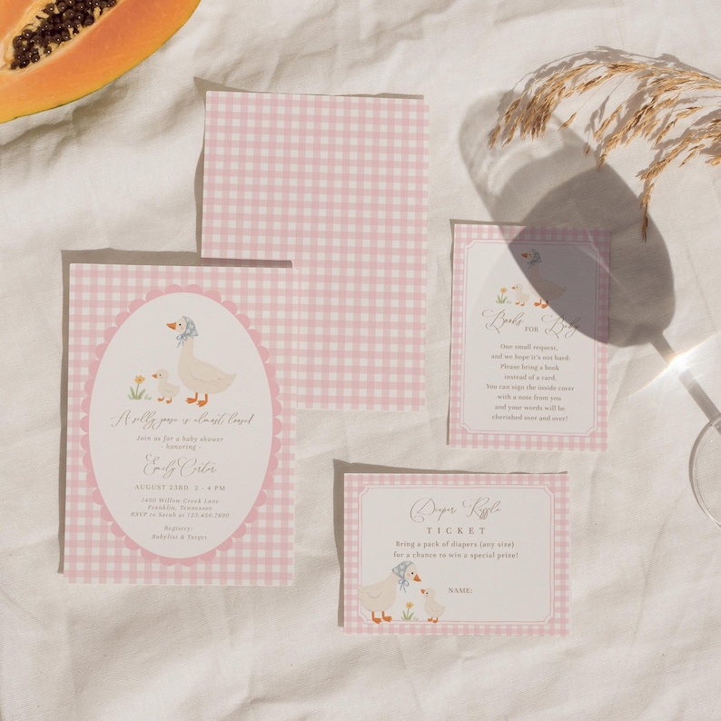 Pink gingham Silly Goose baby shower bundle featuring charming goose and gosling illustrations, soft baby girl colors, and vintage storybook styling. Coordinated girl goose baby shower decor collection with matching invitations, diaper raffle cards, books for baby cards, thank you cards, and printable party templates.