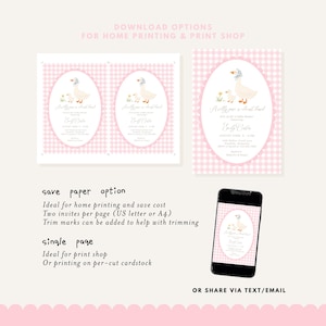 Pink gingham Silly Goose baby shower bundle featuring charming goose and gosling illustrations, soft baby girl colors, and vintage storybook styling. Coordinated girl goose baby shower decor collection with matching invitations, diaper raffle cards, books for baby cards, thank you cards, and printable party templates.