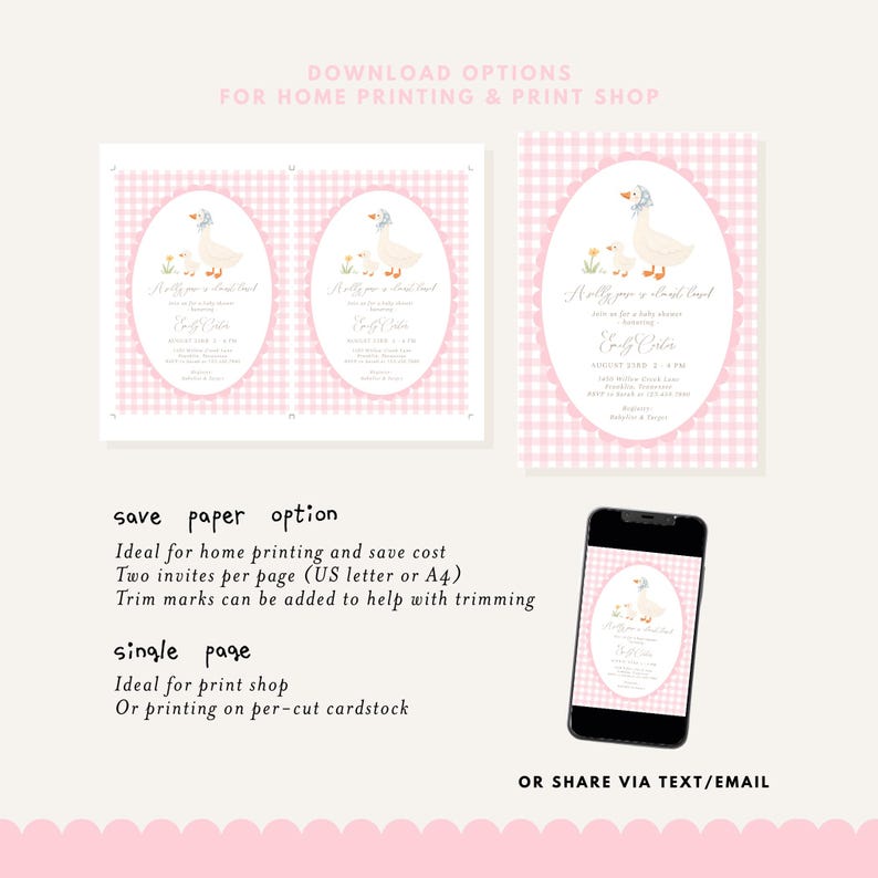 Pink gingham Silly Goose baby shower bundle featuring charming goose and gosling illustrations, soft baby girl colors, and vintage storybook styling. Coordinated girl goose baby shower decor collection with matching invitations, diaper raffle cards, books for baby cards, thank you cards, and printable party templates.