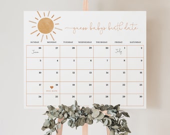 Neutral Boho Sun Baby Shower Guess Baby Due Date, Earthy Baby Shower, Editable Guess Baby's Birth Date Calendar, Fully Editable#Y230