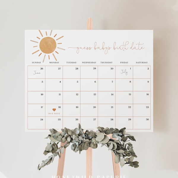 Neutral Boho Sun Baby Shower Guess Baby Due Date, Earthy Baby Shower, Editable Guess Baby's Birth Date Calendar, Fully Editable#Y230