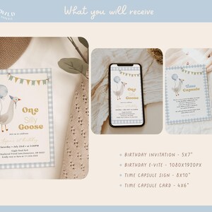 Boy One Silly Goose Birthday Bundle, editable blue goose-themed invitation, decor, and 1st birthday templates.