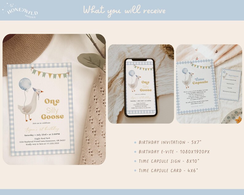 Boy One Silly Goose Birthday Bundle, editable blue goose-themed invitation, decor, and 1st birthday templates.