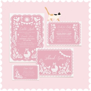 Bewerkbare roze talavera babyshower uitnodigingsbundel - Cielito Lindo Fiesta-thema - Papel Picado Mexicaanse babyshowerset #YH4